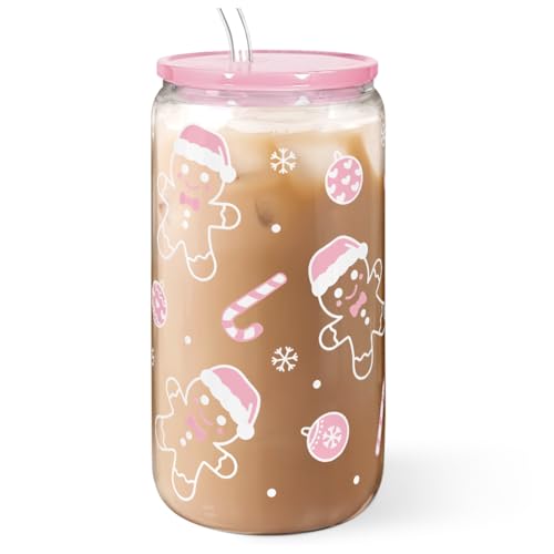Christmas Gingerbread 16oz Can Glass Tumbler with Acrylic Lid & Straw