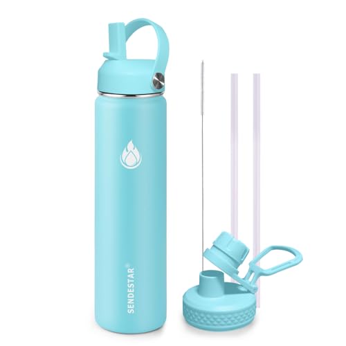 Stainless Steel Wide Mouth Water Bottle 24oz Double Wall Vacuum Insulated Leak Proof Bottle with New Flex Straw Lid & Spout Lid