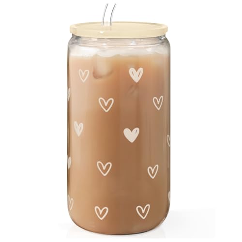 Heart 16oz Can Glass Tumbler with Acrylic Lid & Straw