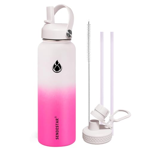 Stainless Steel Wide Mouth Water Bottle 40oz Double Wall Vacuum Insulated Leak Proof Bottle with New Flex Straw Lid & Spout Lid