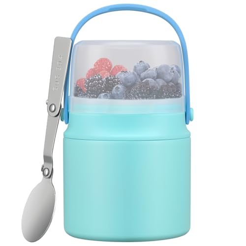 2-in-1 Insulated Food Jar with a Snack Container - 15oz Kids Soup Thermos for Hot Food with Handle and Spoon, Leak Proof Bento Lunch Box Kids, Perfect for School & Travel