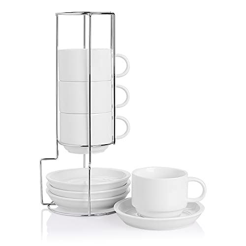 Sweejar Porcelain Cappuccino Cups with Saucers and Metal Stand (4 Count)