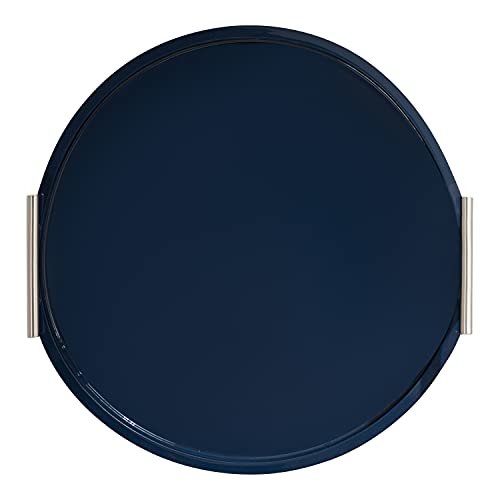 Lipton Modern Round Tray; 15.5 Diameter; Navy and Silver; Decorative Accent Tray for Storage and Display