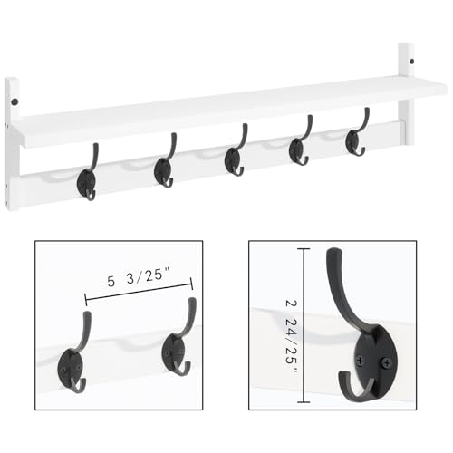 Wall Mounted Wood Shelf with 5 Dual Hooks for Bathroom