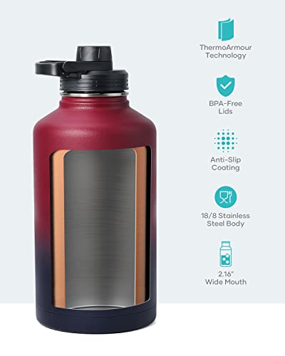 64 oz Water Bottle Insulated with Straw & 3 lid and Carrying Pouch