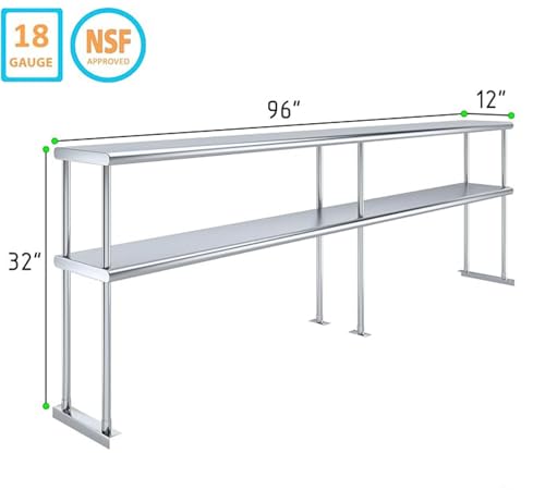 NSF Certified 18 Gauge Heavy Duty Stainless Steel Double overshelf with Brackets for Kitchens