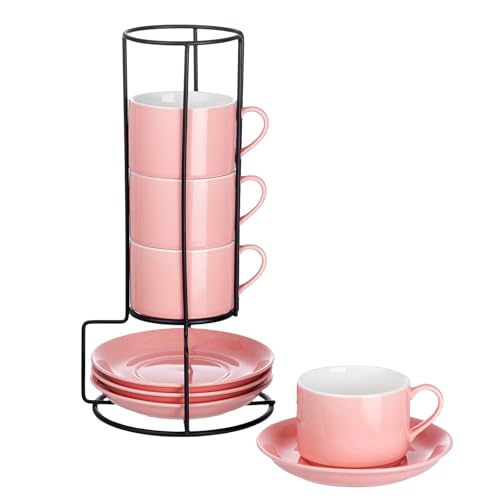 8 OZ Porcelain Stackable Cappuccino Cups and Metal Stand Set of 4 (4 Count)