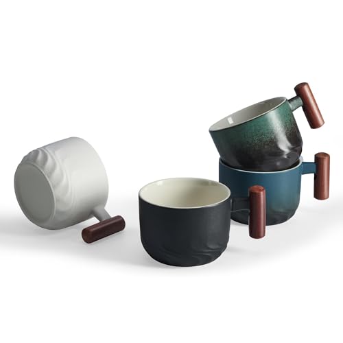 6 Oz Ceramic Espresso Mugs with Wooden Handle (4 Count)