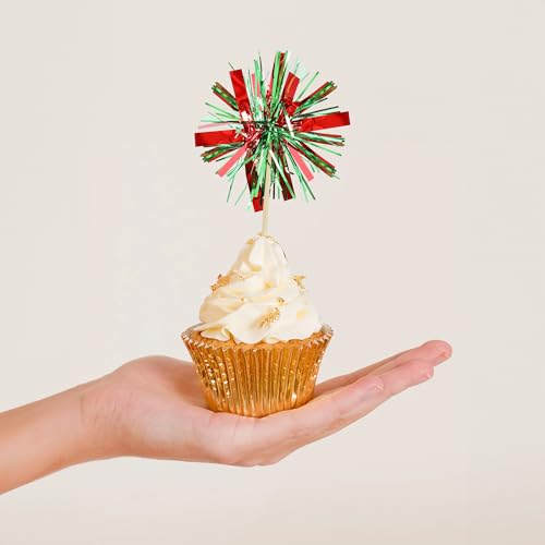 20Pcs Foil Firework Cupcake Toppers Happy Birthday Cake Toppers Tinsel Flower Drink Stirrers Cocktail Food Fruit Toothpicks for Valentine's Day Party Birthday Wedding Supplies Green Red (20 Count)