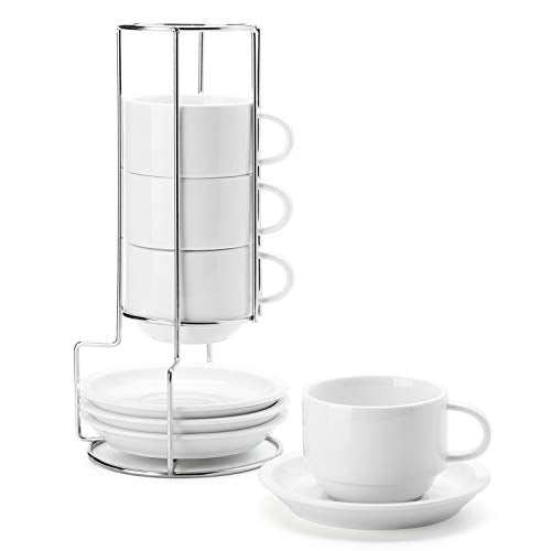 8 Ounce Porcelain Stackable Cappuccino Cups with Saucers and Metal Stand