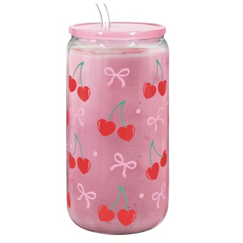 Cherry 16 Oz Can Glass Tumbler with Acrylic Lid and Straw