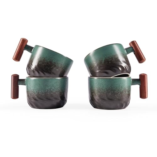 2.5oz Ceramic Espresso Cups with Wooden Handle (4 Count)
