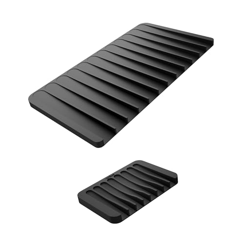 Self Draining Silicone Dish Drying Mat and Silicone Soap Dish Holder for Bathroom or Kitchen Counter in Black