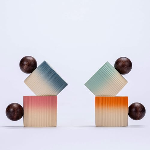 Ceramic Mini Espresso Cups Demitasse Cups with Round Wooden Handle Vertical Stripes Tea Cups (4 Count)
