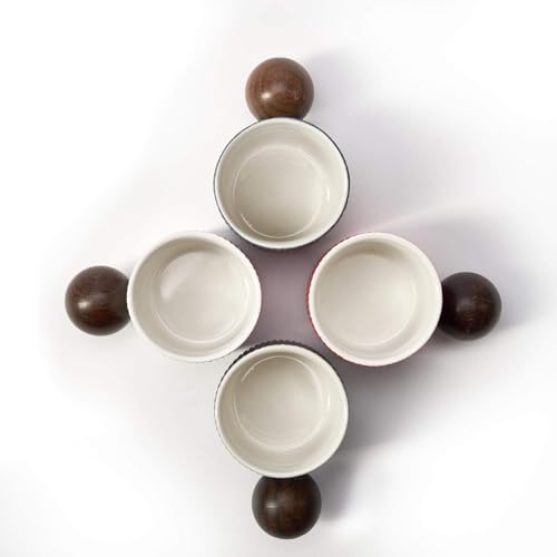 Ceramic Mini Espresso Cups Demitasse Cups with Round Wooden Handle Vertical Stripes Tea Cups (4 Count)