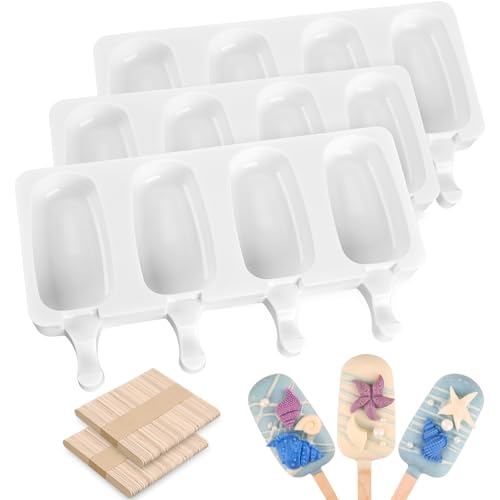 3 Pcs 4 Cavity Mini Popsicle Silicone Molds with 100 Wooden Sticks (124 Count)
