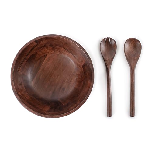 12" Dark Burnt Wooden Salad Bowl Set with Serving Utensils Eco