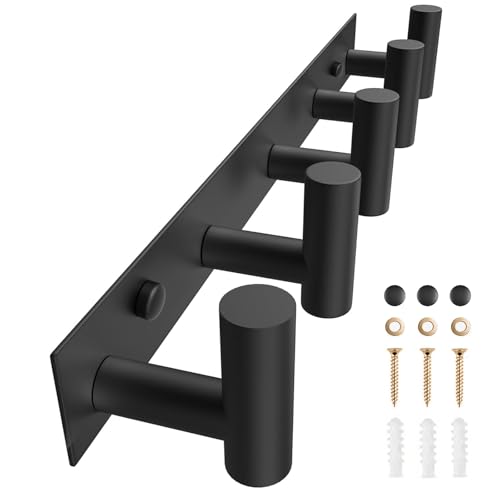 Black Hat and Coat Wall Mount Rack 5 Hooks for Robes