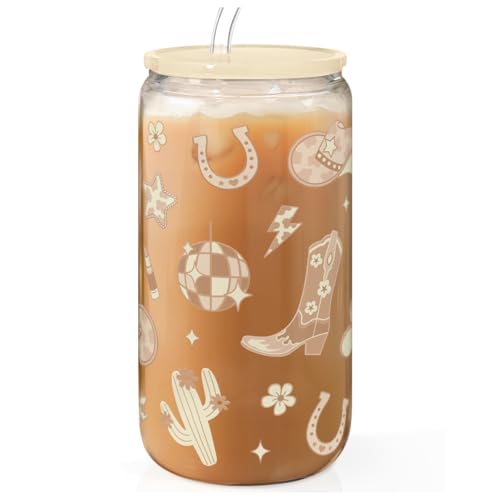 Western Cowgirl 16oz Can Glass Tumbler with Acrylic Lid & Straw