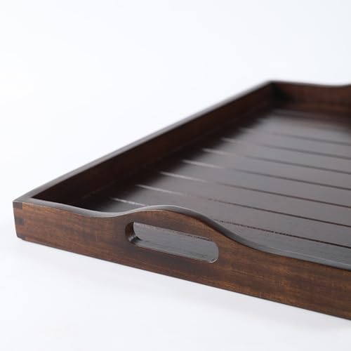 Large Acacia Wooden Serving Tray with Handles 20 x 14 inch Decorative Coffee Table Ottoman Tray for Living Room Extra Large for Kitchen Dinner Food Bar Breakfast in Bed