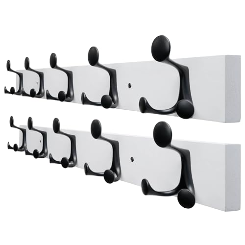 24 Inch White Wood Coat Rack Wall Mount with 5 Triple Hooks (2 Count)