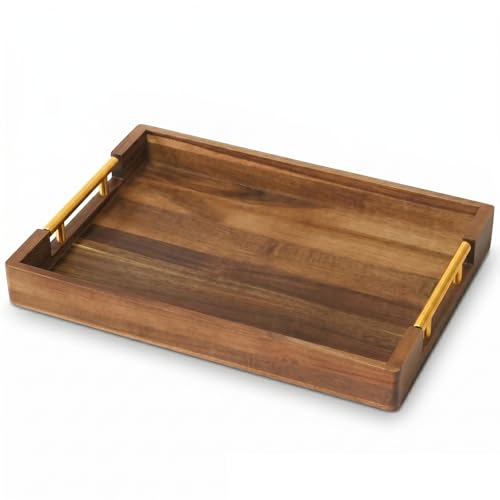 Acacia Wood Serving Tray with Golden Handles