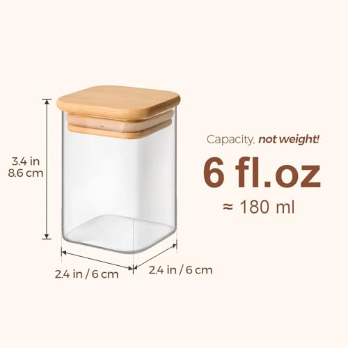 Square Glass Spice Jars with Labels 6 oz 12 Pack with Bamboo Lids (12 Count)