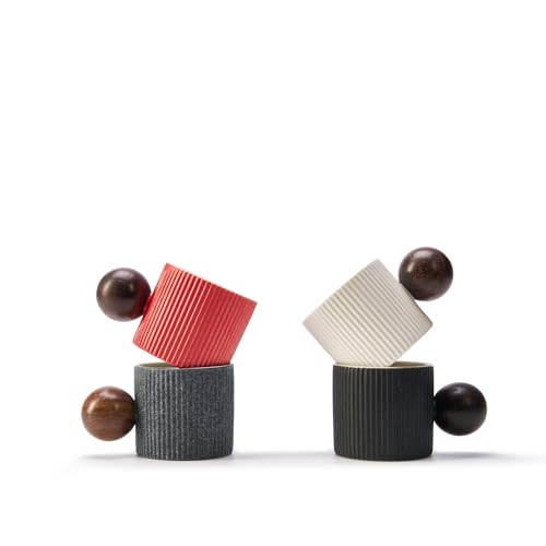 Ceramic Mini Espresso Cups Demitasse Cups with Round Wooden Handle Vertical Stripes Tea Cups (4 Count)
