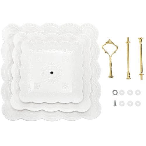 2 Pack 3 Tier White Ceramic Embossed Dessert Cake Tower Stand with Gold Carry Handle (2 Count)