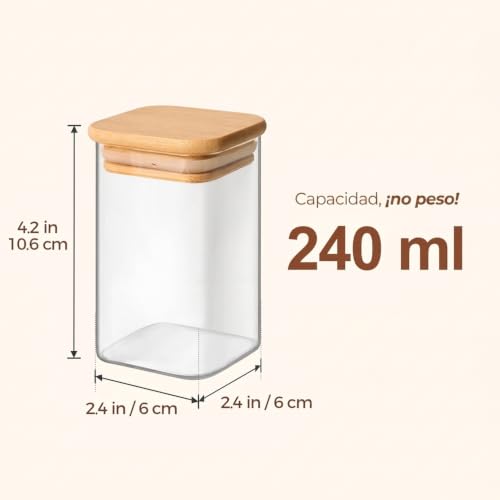 Glass Spice Jars with Labels 8 oz 6 Pack Square Bamboo Lids (6 Count)