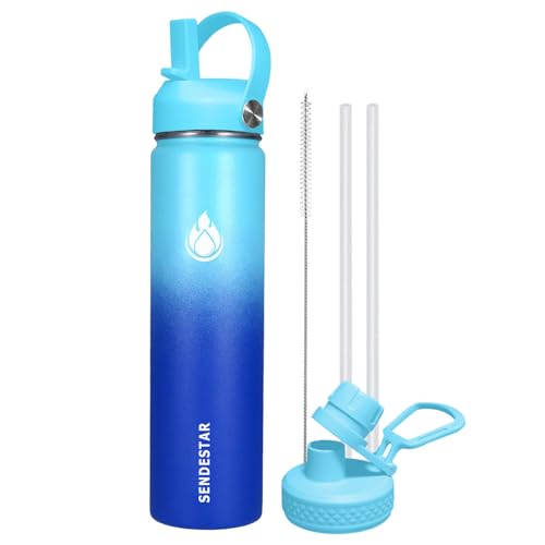 Stainless Steel Wide Mouth Water Bottle 24oz Double Wall Vacuum Insulated Leak Proof Bottle with New Flex Straw Lid & Spout Lid