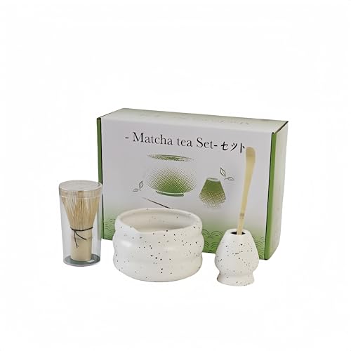 7 piece matcha kit includes matcha bowl. white speckled matcha tea set with bamboo whisk (7 Count)