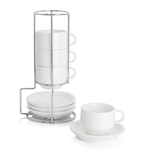 2.5 Ounce Porcelain Stackable Espresso Cups with Saucers and Metal Stand Set of 4 (4 Count)