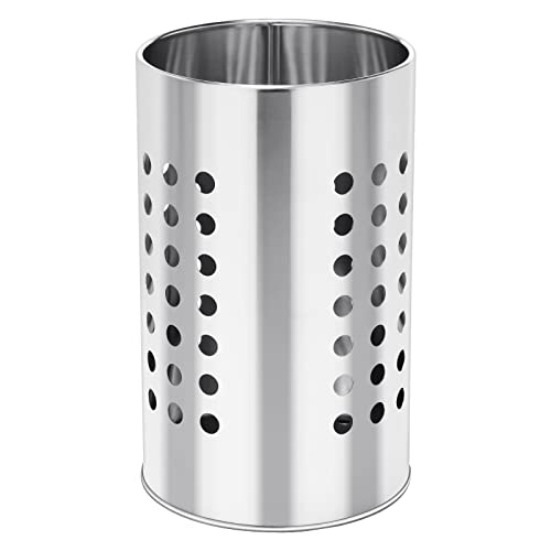 Stainless Steel Kitchen Utensil Holder Flatware Cylinder Silverware Draining Organizer Drying Rack with Round Drain Holes for Forks