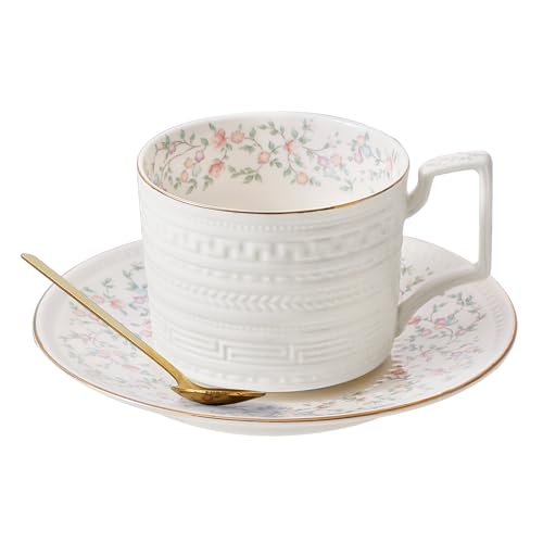 Country Roses Porcelain Tea Cup and Saucer Set with Gold Trim