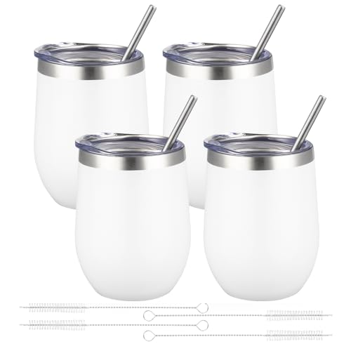 12oz 4 Pack Wine Tumbler Glasses with Lid Stemless Double Wall Vacuum Stainless Steel Travel Tumbler Keeping Cold & Hot for Wine