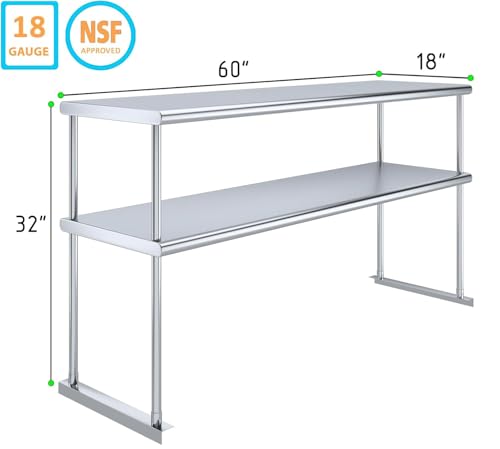 NSF Certified 18 Gauge Heavy Duty Stainless Steel Double overshelf with Brackets for Kitchens