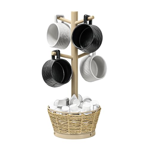 Wood Mug Holder Tree with Woven Basket