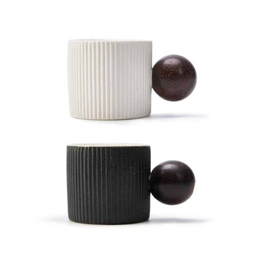 Ceramic Mini Espresso Cups Demitasse Cups with Round Wooden Handle Vertical Stripes Tea Cups (2 Count)