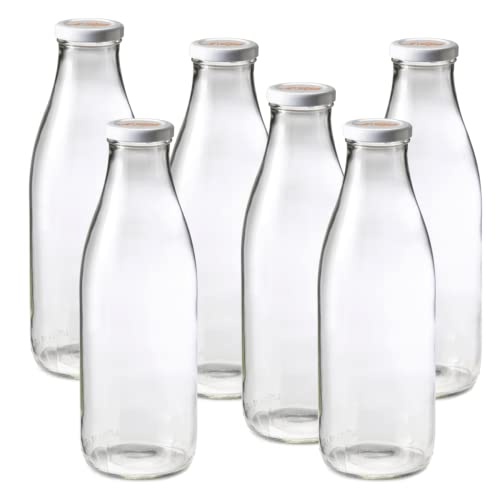 French Glass Milk Bottles with Printed Airtight Twist Lids (6 Count)