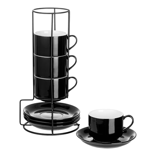 8 Ounce Porcelain Stackable Cappuccino Cups and Saucers Set of 4 (4 Count)
