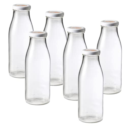 French Glass Milk Bottles with Printed Airtight Twist Lids (6 Count)