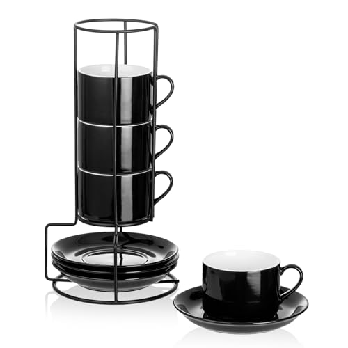 8 OZ Porcelain Stackable Cappuccino Cups and Metal Stand Set of 4 (4 Count)