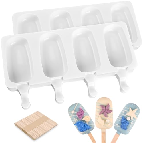 2 Pack 4 Cavity Popsicle Silicone Molds with 50 Wooden Sticks (2 Count of 1.6 ounces)