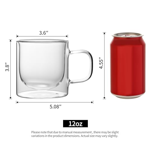 12 OZ Double Walled Glass Coffee Mugs Set of 2 Clear Coffee Cups with Handle 355ml Hand (2 Count)
