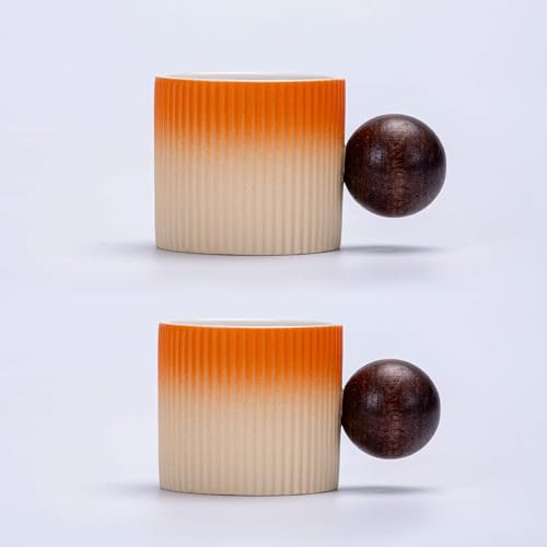 Ceramic Mini Espresso Cups Demitasse Cups with Round Wooden Handle Vertical Stripes Tea Cups (2 Count)