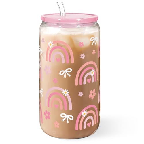 Rainbow 16oz Can Glass Tumbler with Acrylic Lid & Straw
