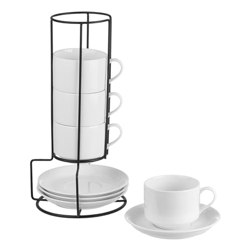 8 Ounce Porcelain Stackable Cappuccino Cups and Saucers Set of 4 (4 Count)