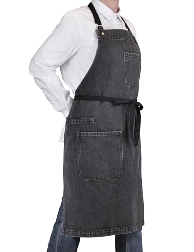 Black Denim Kitchen Cooking Apron with Pockets for Men Women