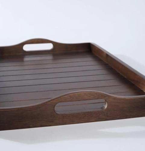 Large Acacia Wooden Serving Tray with Handles 20 x 14 inch Decorative Coffee Table Ottoman Tray for Living Room Extra Large for Kitchen Dinner Food Bar Breakfast in Bed